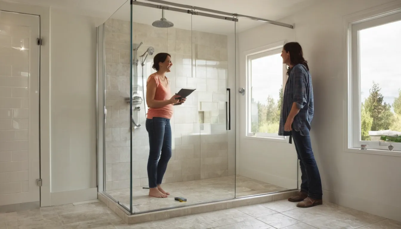 A homeowner and a remodeling provider reviewing plans in a bright bathroom in the Gaithersburg area
